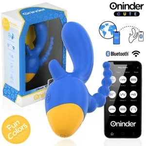 Blau-gelbes Bluetooth-Vibrator-Spielzeug mit Verpackung und Smartphone-App zur Steuerung verschiedener Modi.