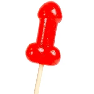 Roter Lutscher in Form eines Penis auf einem Holzstiel.