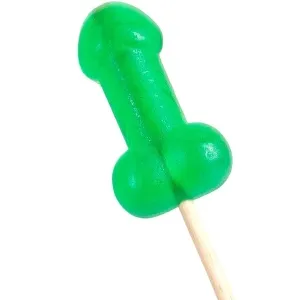 Grüner Lutscher in Form eines Penis auf einem Holzstiel.
