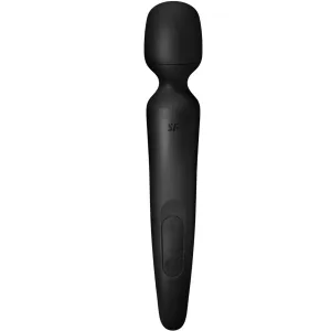 Black massage wand with rounded head and controls on the handle.