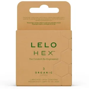 Packung LELO HEX Kondome, 3 Stück, organischer Latex, braune Verpackung mit grünem Text.