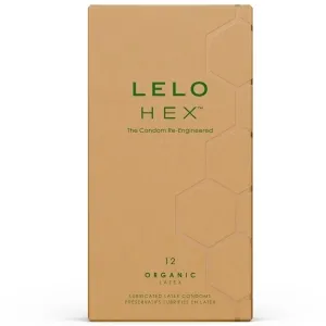 Braune Verpackung von LELO HEX Kondomen, 12 Stück, aus organischem Latex, mit hexagonalem Muster.