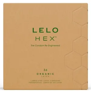 Braune Verpackung von LELO HEX Kondomen mit grünem Text und sechseckigem Muster.