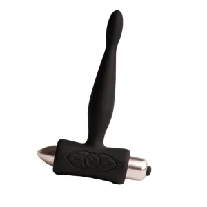 Schwarzes, längliches Silikonspielzeug mit einem metallischen Ende, das wie ein Hammer geformt ist.