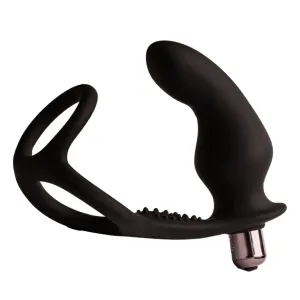 Schwarzes, ergonomisch geformtes Sexspielzeug mit Ring und Vibrationsfunktion.