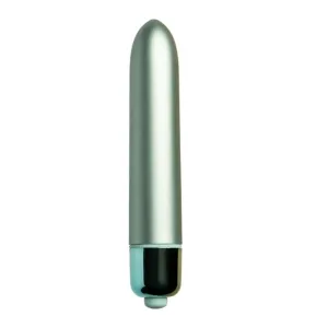 Silberner, zylindrischer Vibrator mit abgerundeter Spitze und schwarzem Ende auf weißem Hintergrund.