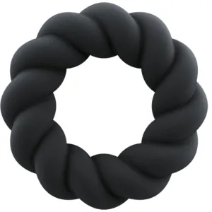 Black, twisted ring in the shape of a circle on a white background.