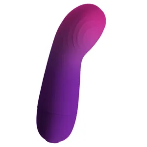 Lila und pinker Vibrator mit gebogener Spitze auf weißem Hintergrund.