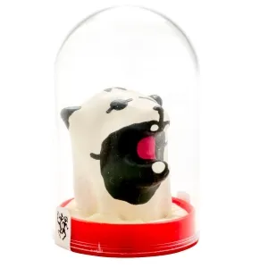 Toy panda in a transparent dome with a red base, mouth wide open.