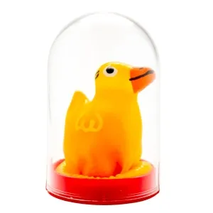 Yellow rubber duck in a transparent plastic capsule with a red base.