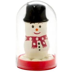 Snowman figure with black hat and red scarf in a transparent dome.