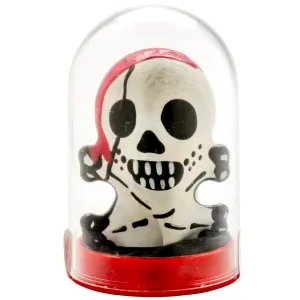Toy skeleton with a red headscarf in a transparent dome on a red base.
