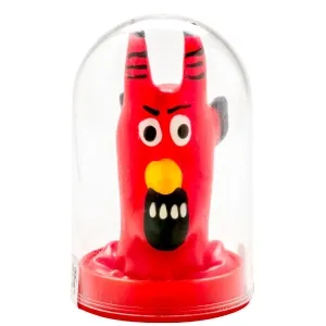 A red, cartoonish figure with horns and an angry facial expression inside a transparent dome.