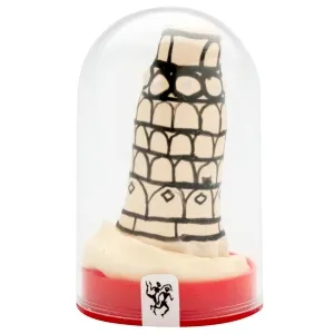 Miniature of the Leaning Tower of Pisa in a transparent dome on a red base.