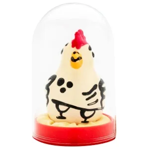 Toy chicken in a transparent dome with a red base, yellow beak and red comb.