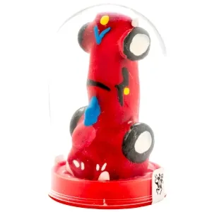 Red toy car standing upright in a transparent dome, with colorful details and black wheels.