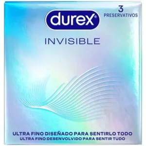 Durex Invisible Kondomverpackung, 3 Stück, ultra dünn, schimmerndes Design, spanischer und portugiesischer Text.