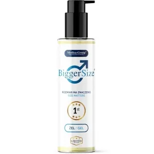Flasche BiggerSize Gel mit Pumpe, blaues Logo, Text 