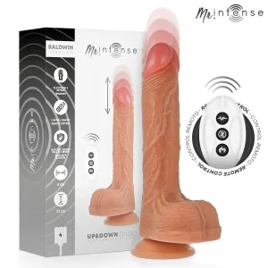 Verpackung und Produktbild eines ferngesteuerten Dildos mit Auf- und Abbewegung, inklusive Fernbedienung.