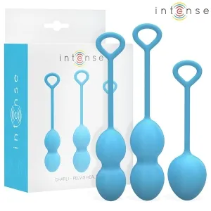 Drei blaue Kegel für Beckenbodentraining, mit Verpackung im Hintergrund, Marke 