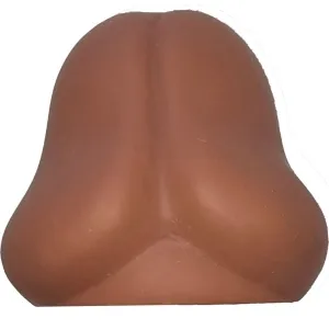 Brown, plastic replica of a human nose on a white background.