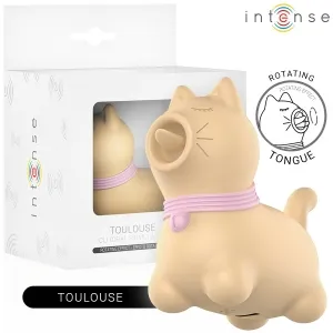 Katzenförmiger Stimulator mit rotierender Zunge, beige mit rosa Halsband, in Verpackung mit 
