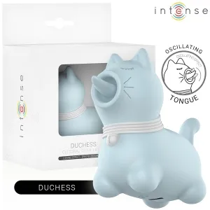 Blauer, katzenförmiger Stimulator mit oszillierender Zunge, neben Verpackung mit Produktabbildung und Logo.