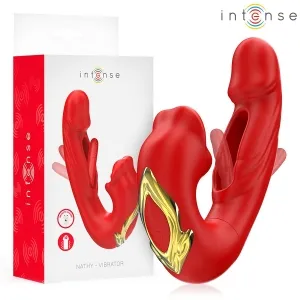 Roter Vibrator mit goldenen Akzenten, neben der Verpackung mit der Aufschrift 