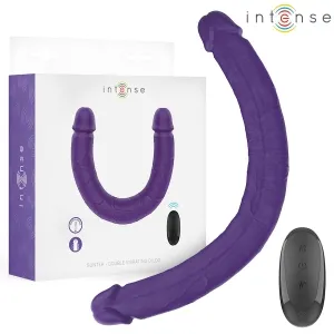 Lila, doppelseitiger Vibrator mit Fernbedienung, Verpackung im Hintergrund.