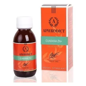 Flasche und Verpackung von Aphrodict Guarana ZN+ Sexual Stimulant, orangefarbenes Design, 100 ml.