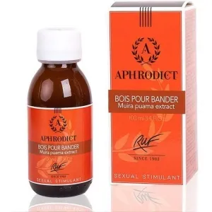 Flasche und Verpackung von Aphrodict, ein sexuelles Stimulans mit Muira Puama-Extrakt, 100 ml.