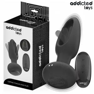 Schwarzer Analplug mit Fernbedienung und Verpackung von Addicted Toys, Produktname: Flipping Tongue Anal Plug.