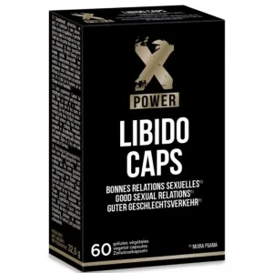 Schwarze Verpackung von X Power Libido Caps mit 60 Kapseln, verspricht gute sexuelle Beziehungen.
