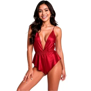 Woman in a red, low-cut satin bodysuit with spaghetti straps, smiling.