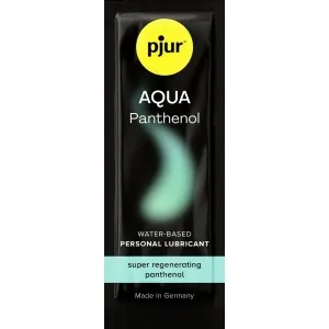 Schwarze Verpackung von pjur AQUA Panthenol, wasserbasiertes Gleitmittel, mit grünem Akzent, hergestellt in Deutschland.
