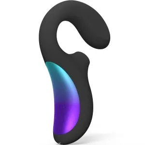 Black, ergonomically shaped massage device with purple-blue accents, curved design.