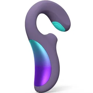 Purple and turquoise ergonomically shaped vibrator with a curved design and glossy surface.