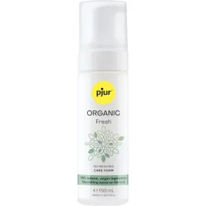 Flasche mit pjur Organic Fresh Pflege-Schaum, 150 ml, vegan, 99% natürliche Inhaltsstoffe, hergestellt in Deutschland.
