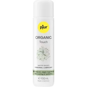 Weiße Flasche mit pjur Organic Touch Gleitmittel, 100 ml, vegan, hautpflegend, wasserbasiert, hergestellt in Deutschland.