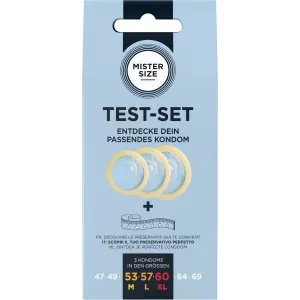 Verpackung eines Kondom-Test-Sets von Mister Size mit drei Kondomen und Maßband, Größen M bis XL.