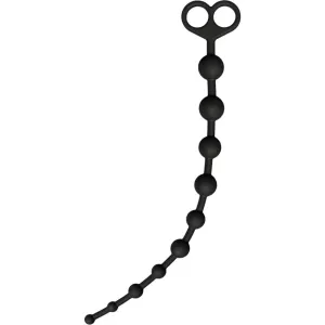 Schwarze Analkette mit mehreren Kugeln und zwei Griffschlaufen.