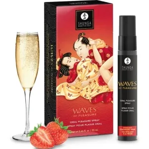 Verpackung und Flasche von Shunga Waves of Pleasure Spray, mit Glas Sekt und Erdbeeren.