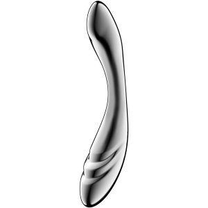 Silver, curved metal object with a smooth surface against a white background.