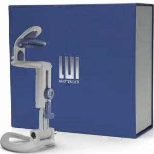 Blau-weißer Maxtender-Gerät vor einer blauen Box mit der Aufschrift 