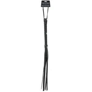 Black whip with multiple straps and a handle, label on top.