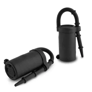 Two black, cylindrical objects with curved handles and pointed ends, on a white background.