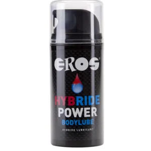 Black bottle of EROS Hybrid Power Bodylube with blue and red drop design and transparent cap.