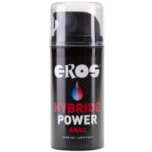 Schwarze Flasche Eros Hybride Power Anal Gleitmittel mit rotem und blauem Tropfen-Logo.