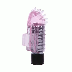 Rosa, geripptes Silikonaufsatz mit Noppen, auf schwarzem Sockel, seitliche Ansicht.