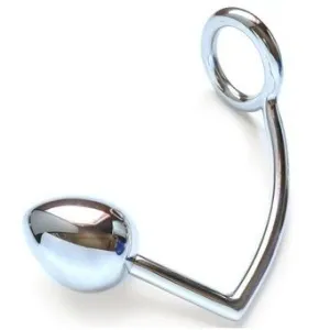 Metallic, curved object with a ring at one end and an oval shape at the other end, on a white background.